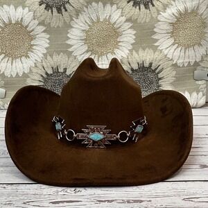 Illuma Brown Faux Suede Cowboy Hat Southwestern Turquoise Silver Chain Band NEW